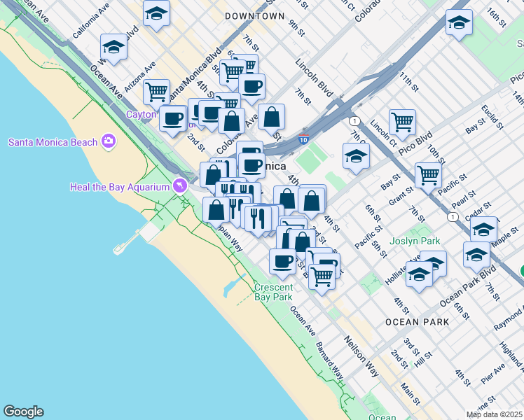 map of restaurants, bars, coffee shops, grocery stores, and more near 1776 Main Street in Santa Monica