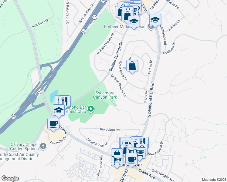map of restaurants, bars, coffee shops, grocery stores, and more near 636 Mount Street in Diamond Bar