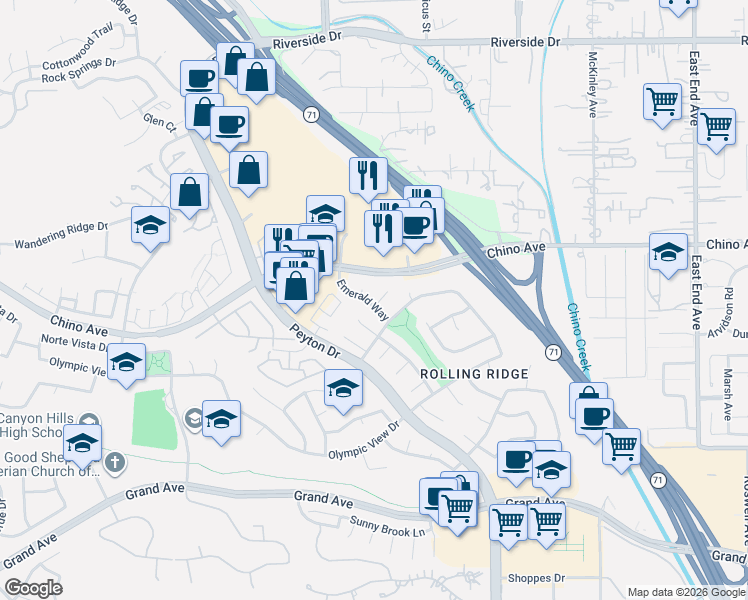 map of restaurants, bars, coffee shops, grocery stores, and more near 3078 Clove Landing Road in Chino Hills