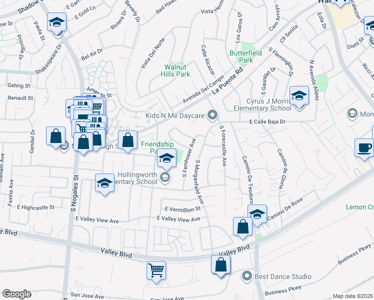 map of restaurants, bars, coffee shops, grocery stores, and more near 3032 East Quinnell Drive in West Covina
