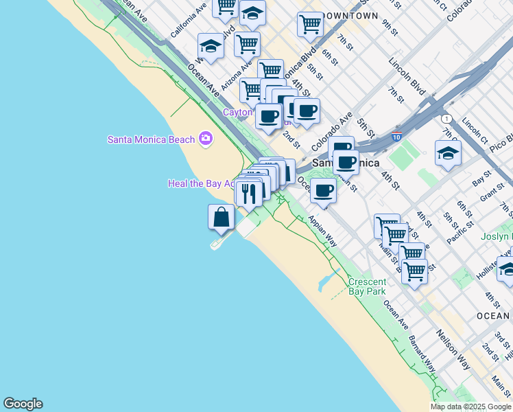 map of restaurants, bars, coffee shops, grocery stores, and more near in Santa Monica