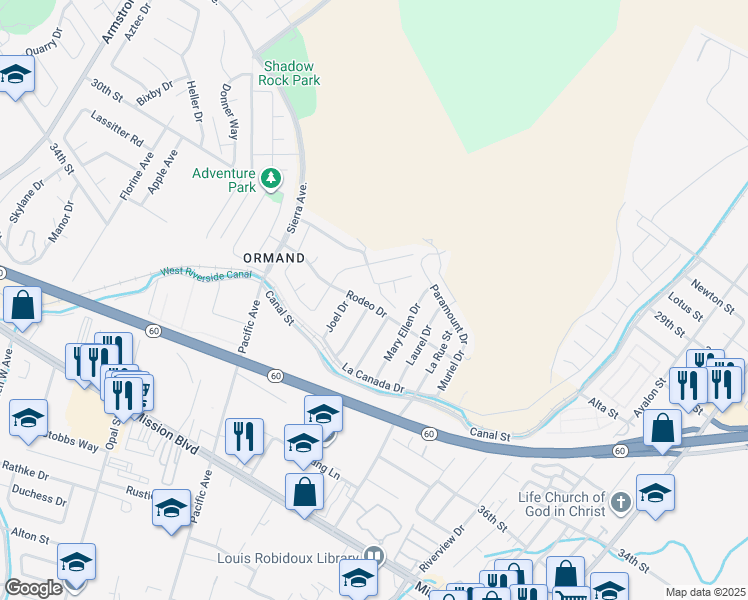 map of restaurants, bars, coffee shops, grocery stores, and more near 6340 Glenwood Springs Drive in Jurupa Valley