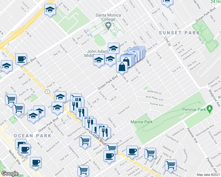 map of restaurants, bars, coffee shops, grocery stores, and more near 1345 Oak Street in Santa Monica