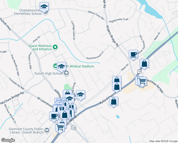 map of restaurants, bars, coffee shops, grocery stores, and more near 3636 South Saint Northwest in Duluth