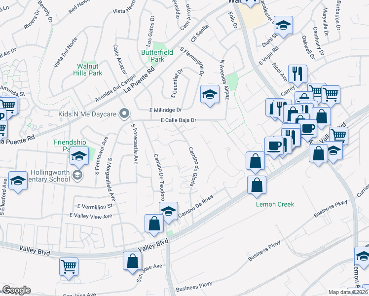 map of restaurants, bars, coffee shops, grocery stores, and more near 423 Camino de Gloria in Walnut