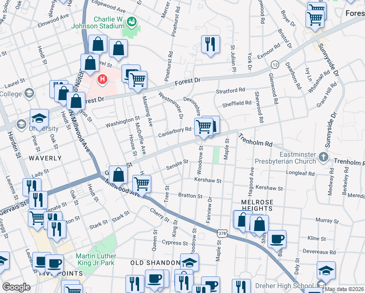 map of restaurants, bars, coffee shops, grocery stores, and more near 2600 Gervais Street in Columbia