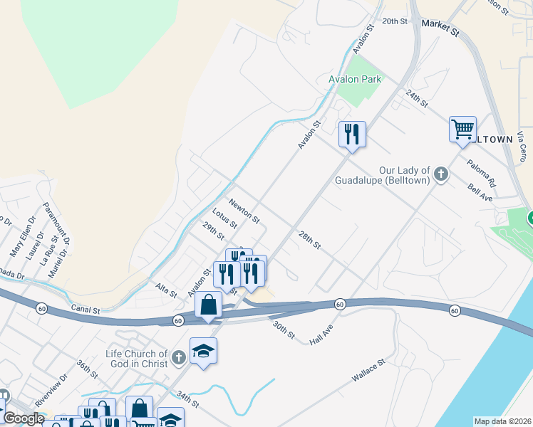 map of restaurants, bars, coffee shops, grocery stores, and more near 5648 28th Street in Riverside