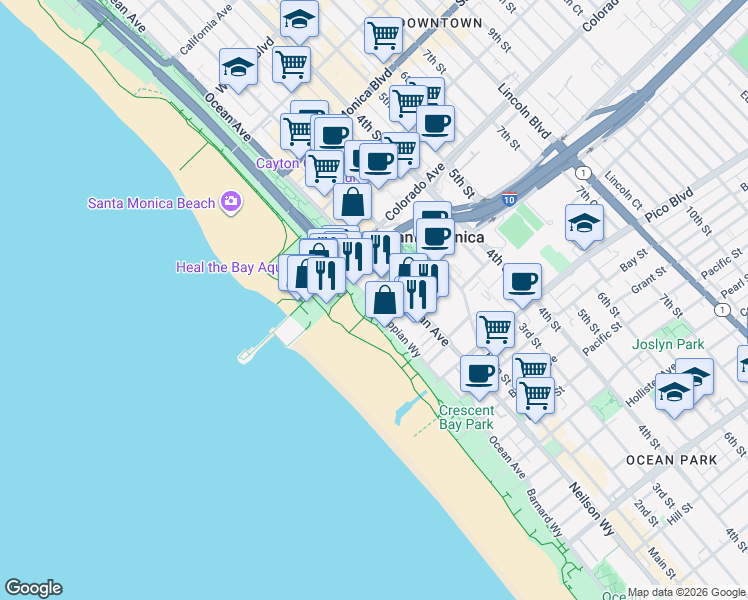 map of restaurants, bars, coffee shops, grocery stores, and more near in Santa Monica