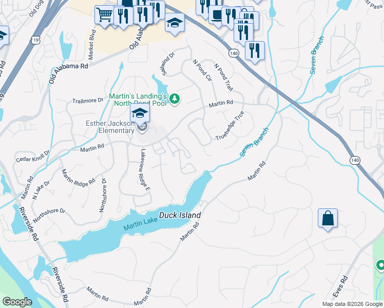 map of restaurants, bars, coffee shops, grocery stores, and more near 125 Floss Flower Court in Roswell