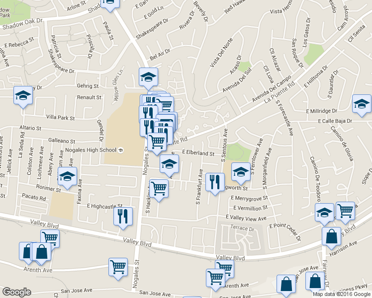 map of restaurants, bars, coffee shops, grocery stores, and more near 372 Capron Avenue in West Covina