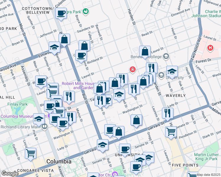 map of restaurants, bars, coffee shops, grocery stores, and more near 1703 Taylor Street in Columbia