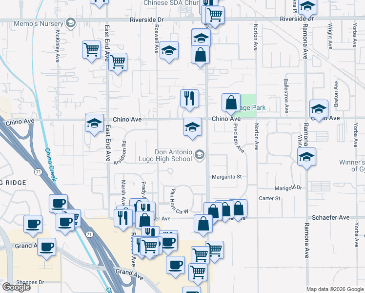 map of restaurants, bars, coffee shops, grocery stores, and more near 13400 Pipeline Avenue in Chino