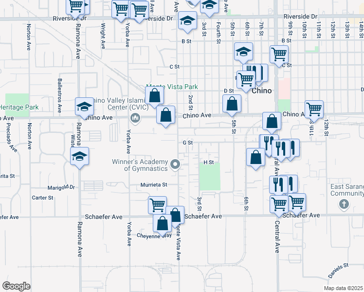 map of restaurants, bars, coffee shops, grocery stores, and more near 4917 G Street in Chino