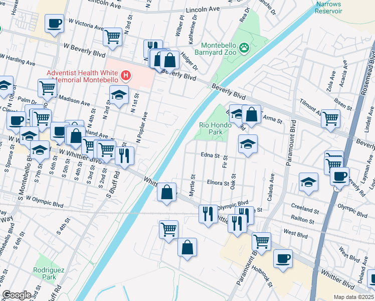 map of restaurants, bars, coffee shops, grocery stores, and more near 8231 Edna Street in Pico Rivera