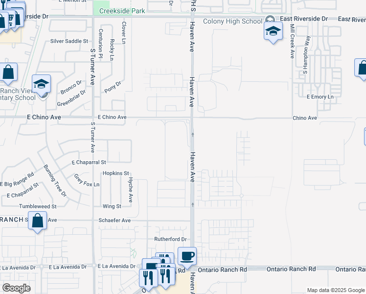 map of restaurants, bars, coffee shops, grocery stores, and more near 2575 E Date Palm Paseo in Ontario