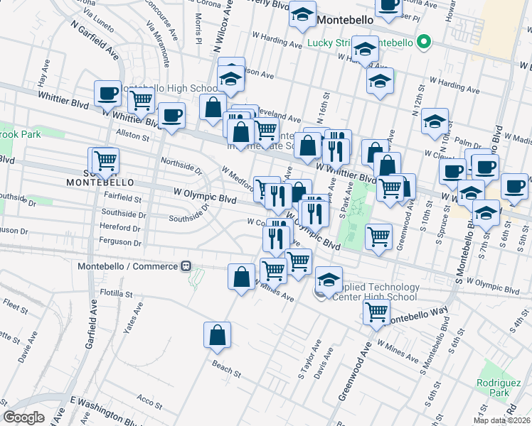 map of restaurants, bars, coffee shops, grocery stores, and more near 1703 West Olympic Boulevard in Montebello
