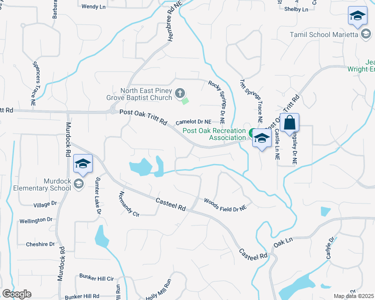 map of restaurants, bars, coffee shops, grocery stores, and more near 2441 Mitchell Road Northeast in Marietta