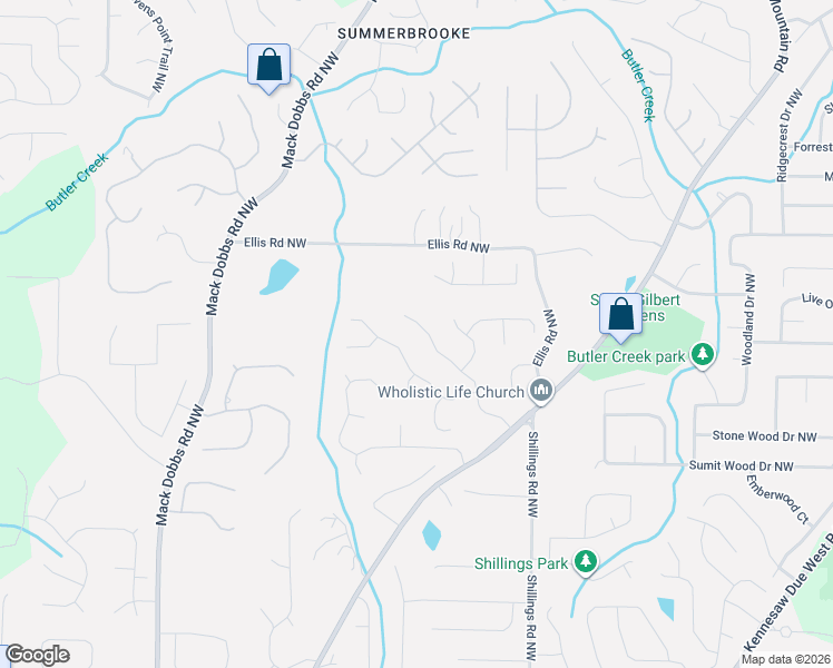 map of restaurants, bars, coffee shops, grocery stores, and more near 2224 Trilleck Drive Northwest in Kennesaw