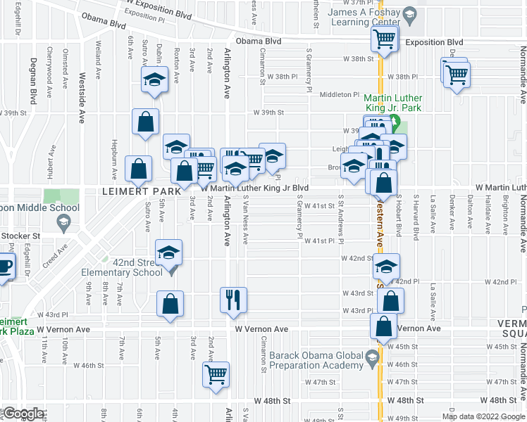 map of restaurants, bars, coffee shops, grocery stores, and more near 2014 West 41st Street in Los Angeles