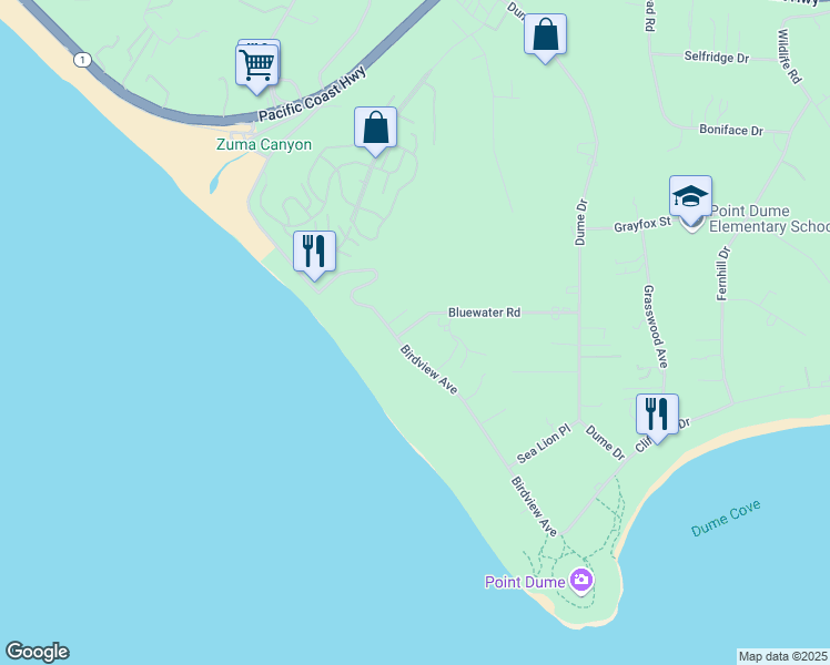 map of restaurants, bars, coffee shops, grocery stores, and more near 29458 Bluewater Road in Malibu