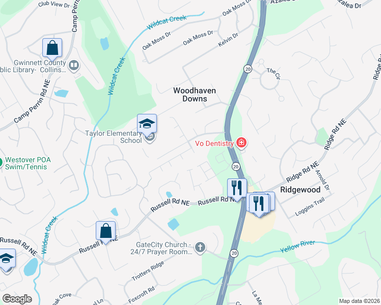 map of restaurants, bars, coffee shops, grocery stores, and more near 1654 Taylor Oaks Drive in Lawrenceville