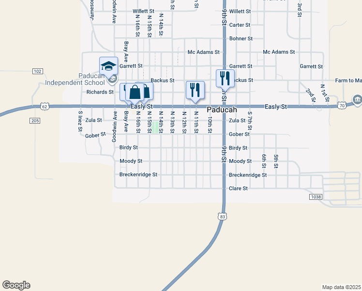 map of restaurants, bars, coffee shops, grocery stores, and more near 1214 Birdy Street in Paducah