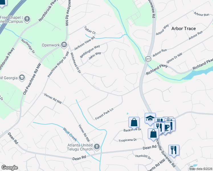 map of restaurants, bars, coffee shops, grocery stores, and more near 2405 Compton Place in Suwanee