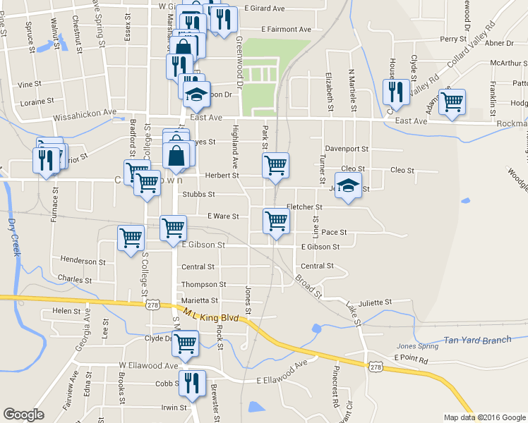 map of restaurants, bars, coffee shops, grocery stores, and more near 403 Park Street in Cedartown