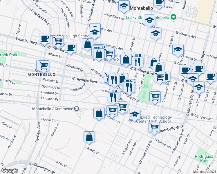 map of restaurants, bars, coffee shops, grocery stores, and more near 1703 West Olympic Boulevard in Montebello
