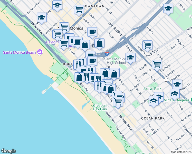 map of restaurants, bars, coffee shops, grocery stores, and more near 1776 Main Street in Santa Monica
