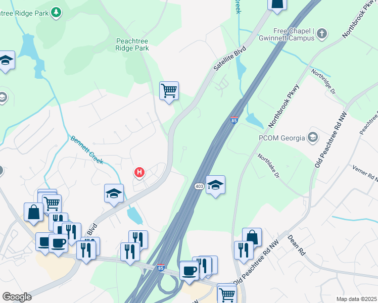 map of restaurants, bars, coffee shops, grocery stores, and more near 1220 Satellite Boulevard in Suwanee