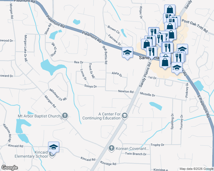 map of restaurants, bars, coffee shops, grocery stores, and more near 2420 Bob Bettis Road in Marietta