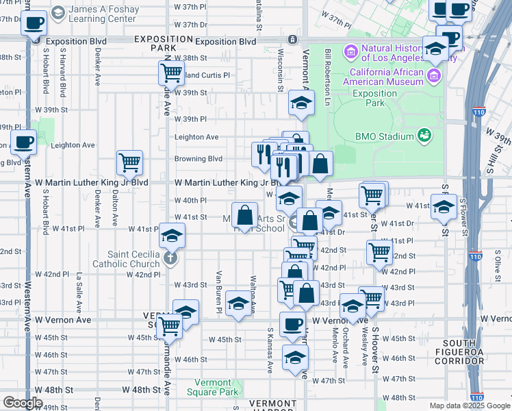 map of restaurants, bars, coffee shops, grocery stores, and more near 1112 West 40th Place in Los Angeles