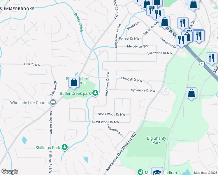 map of restaurants, bars, coffee shops, grocery stores, and more near 4015 Woodland Drive Northwest in Kennesaw