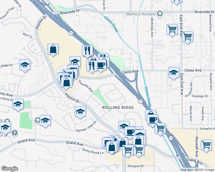 map of restaurants, bars, coffee shops, grocery stores, and more near 3185 Skyview Ridge in Chino Hills