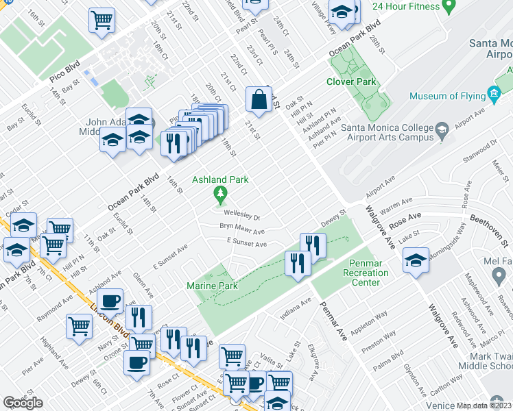 map of restaurants, bars, coffee shops, grocery stores, and more near 1730 Pier Avenue in Santa Monica