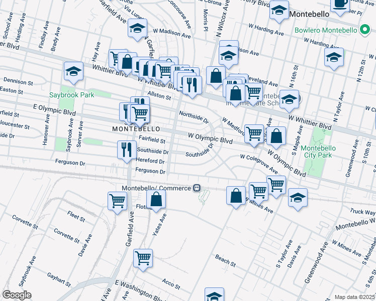map of restaurants, bars, coffee shops, grocery stores, and more near 2200 Southside Drive in Montebello