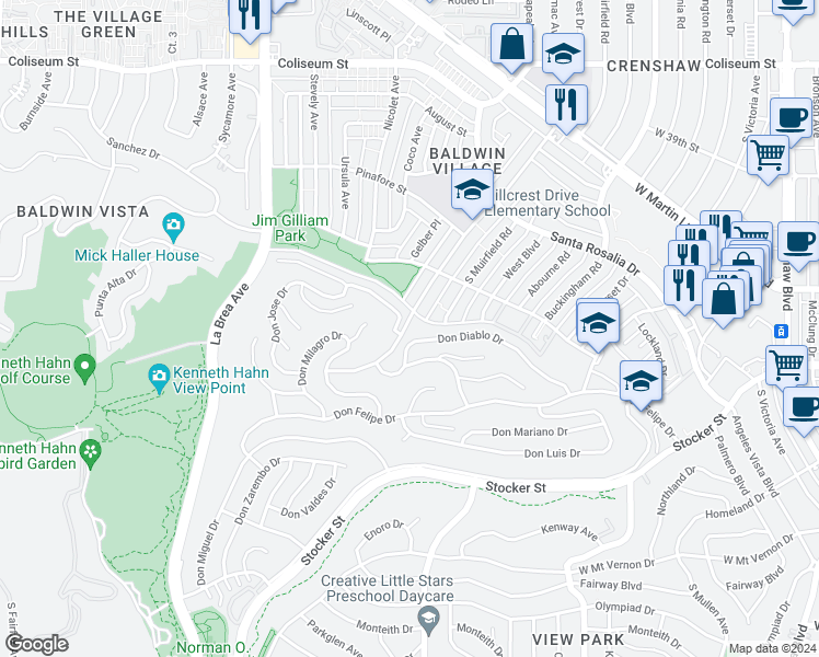 map of restaurants, bars, coffee shops, grocery stores, and more near 4160 Hillcrest Drive in Los Angeles