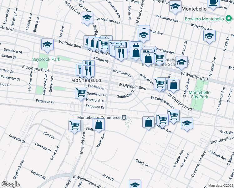 map of restaurants, bars, coffee shops, grocery stores, and more near 2200 Southside Drive in Montebello