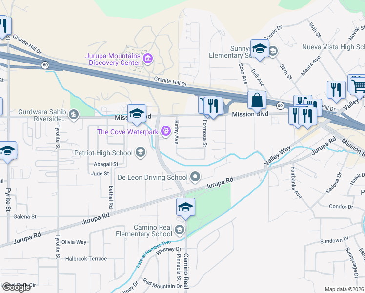 map of restaurants, bars, coffee shops, grocery stores, and more near 7495 Peggy Avenue in Riverside
