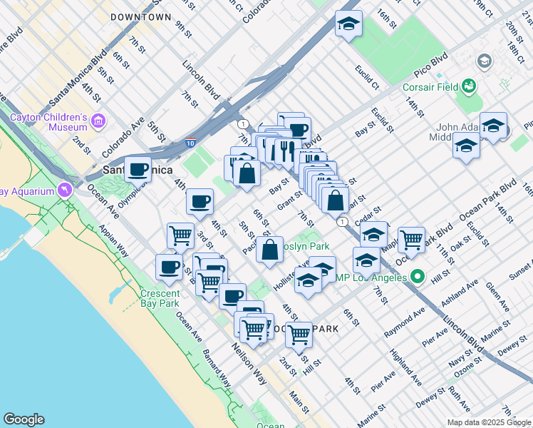 map of restaurants, bars, coffee shops, grocery stores, and more near 611 Grant Street in Santa Monica