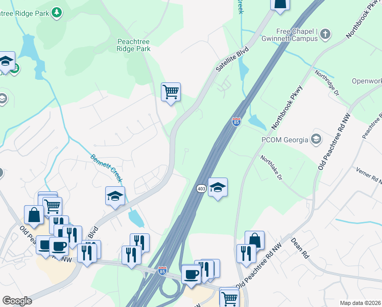 map of restaurants, bars, coffee shops, grocery stores, and more near 1220 Satellite Boulevard in Suwanee