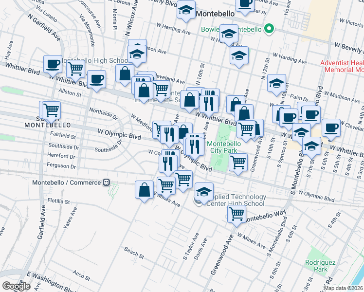 map of restaurants, bars, coffee shops, grocery stores, and more near 1536 West Olympic Boulevard in Montebello
