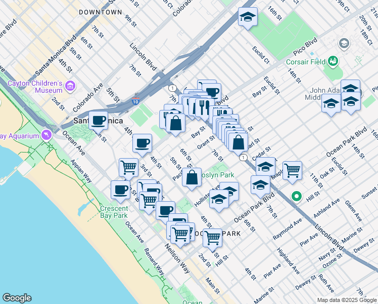 map of restaurants, bars, coffee shops, grocery stores, and more near 611 Grant Street in Santa Monica