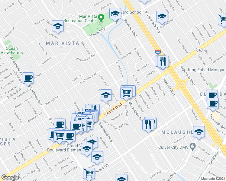 map of restaurants, bars, coffee shops, grocery stores, and more near 3716 Barry Avenue in Los Angeles