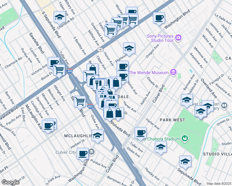 map of restaurants, bars, coffee shops, grocery stores, and more near in Culver City