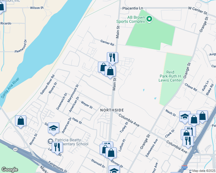 map of restaurants, bars, coffee shops, grocery stores, and more near 3842 Carter Avenue in Riverside