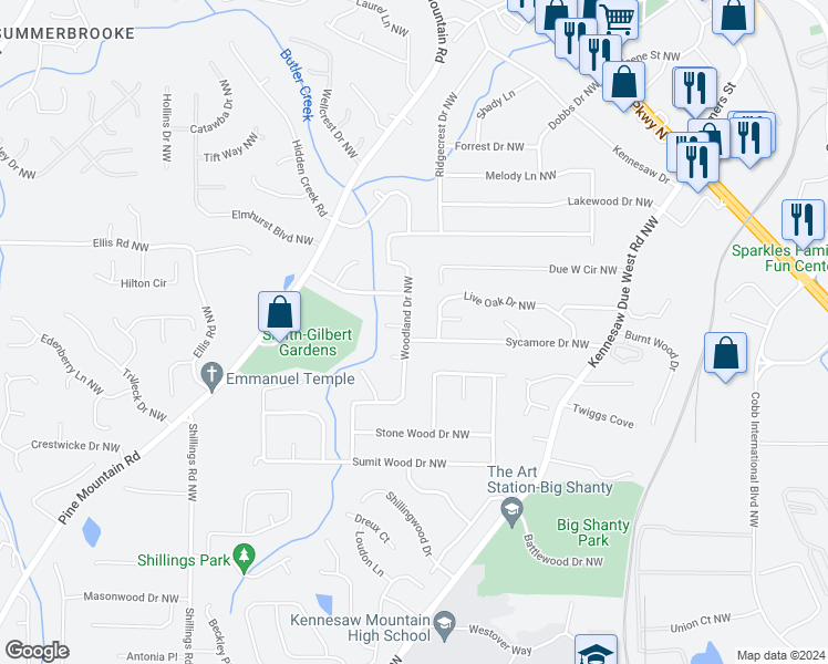 map of restaurants, bars, coffee shops, grocery stores, and more near 4015 Woodland Drive Northwest in Kennesaw