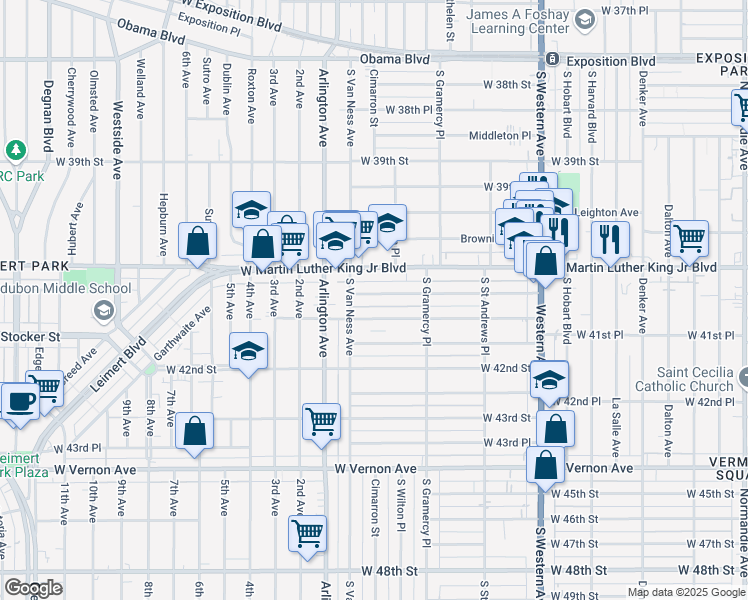 map of restaurants, bars, coffee shops, grocery stores, and more near 2014 West 41st Street in Los Angeles
