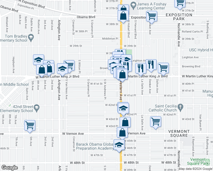 map of restaurants, bars, coffee shops, grocery stores, and more near 1762 West 41st Street in Los Angeles